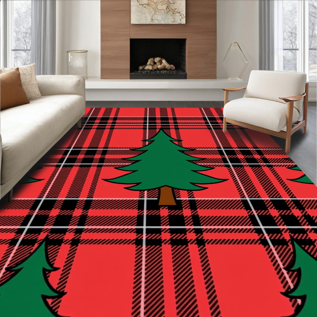 Red Plaid Pine Tree Pattern Rug