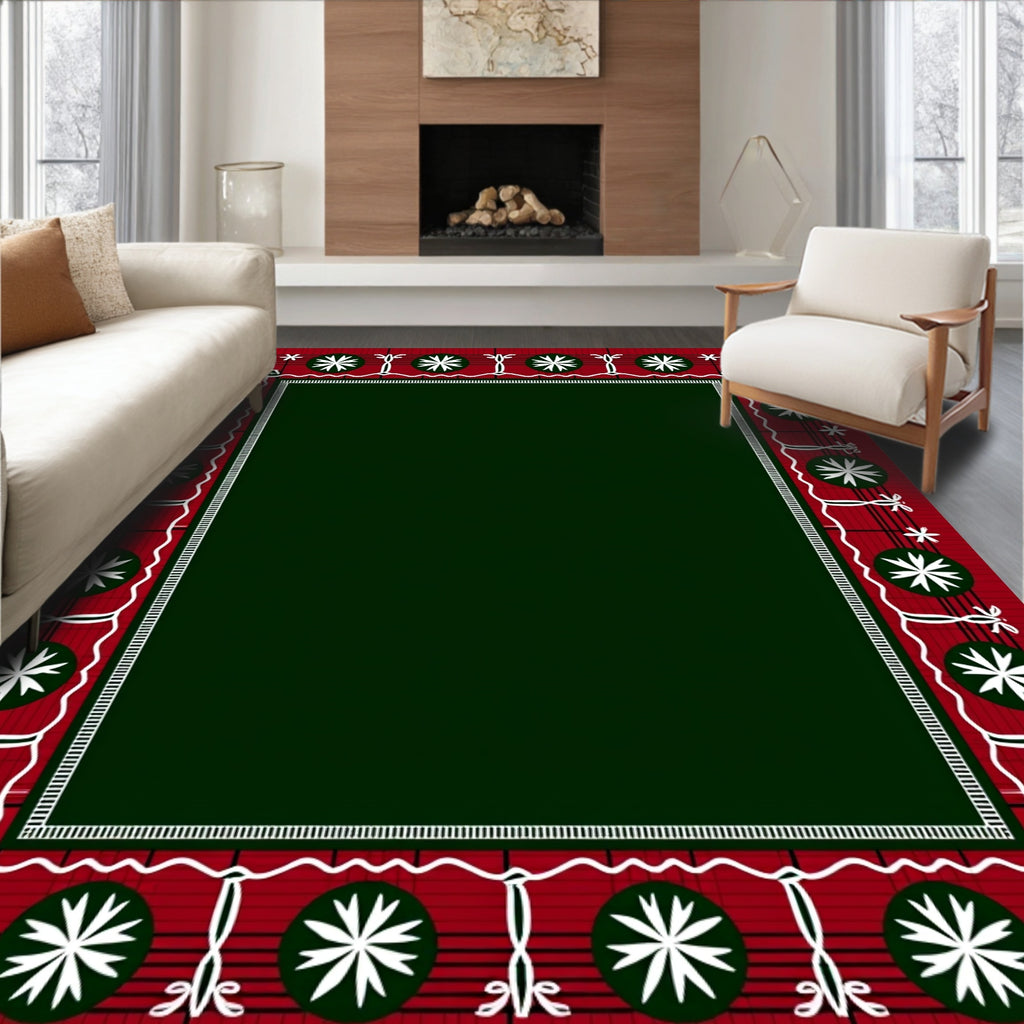 Red Green Plaid Floral Border Rug