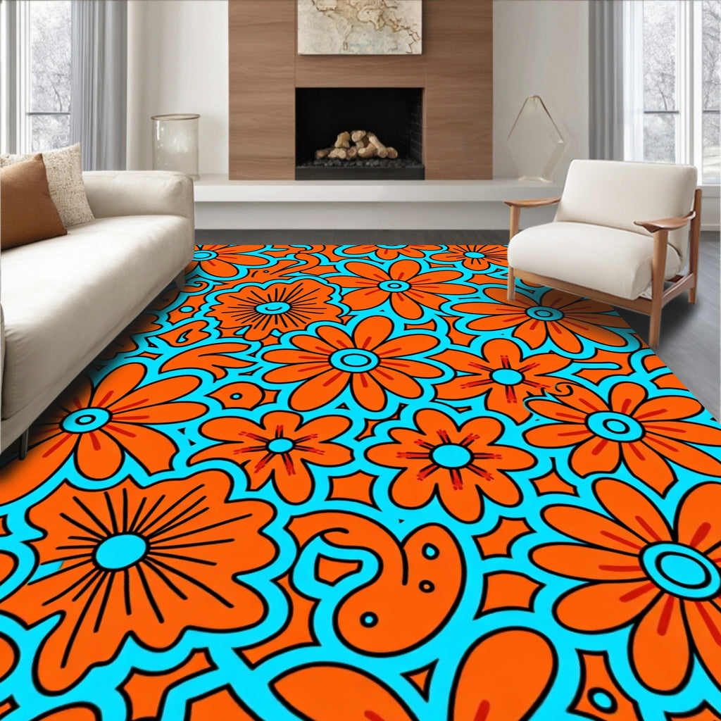 Retro Orange Aqua Floral Pattern Design Rug