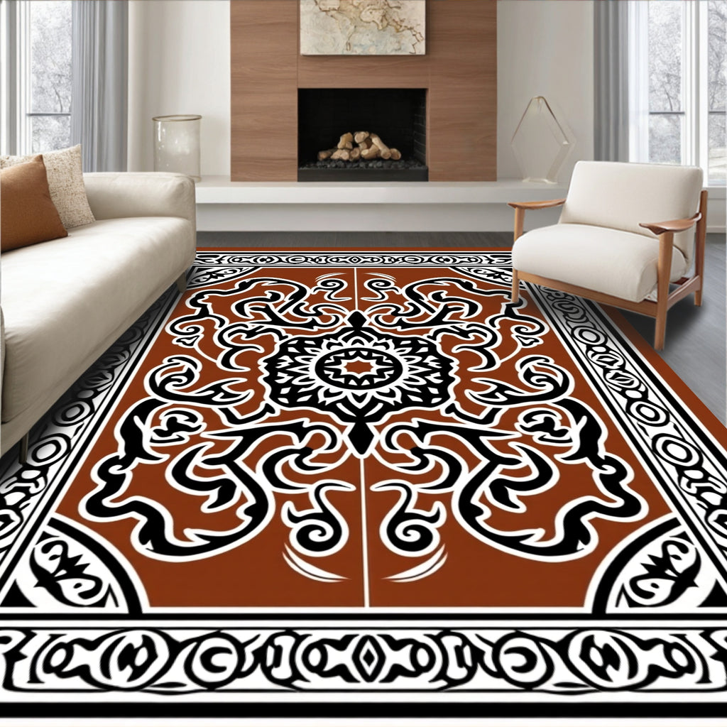 Ornate Black Brown Stylized Floral Rug