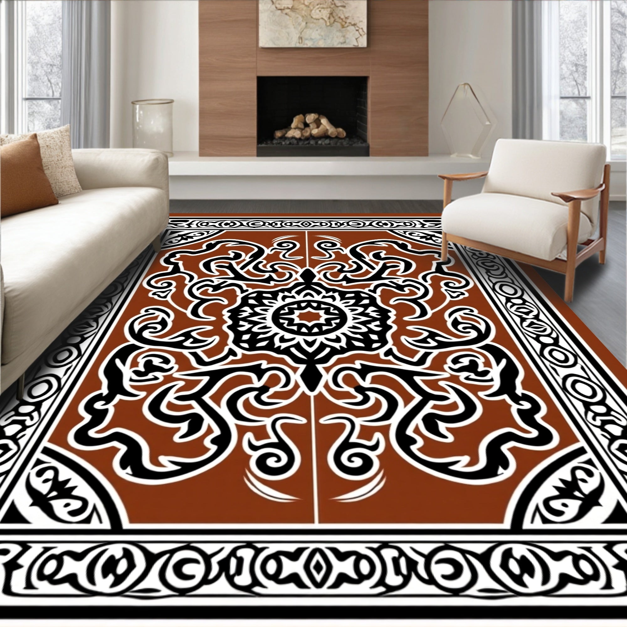 Ornate Black Brown Stylized Floral Rug