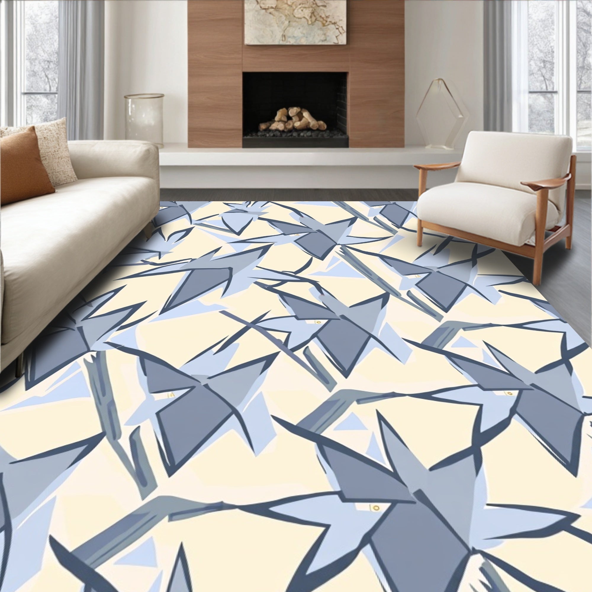 Abstract Blue Geometric Star Pattern Rug