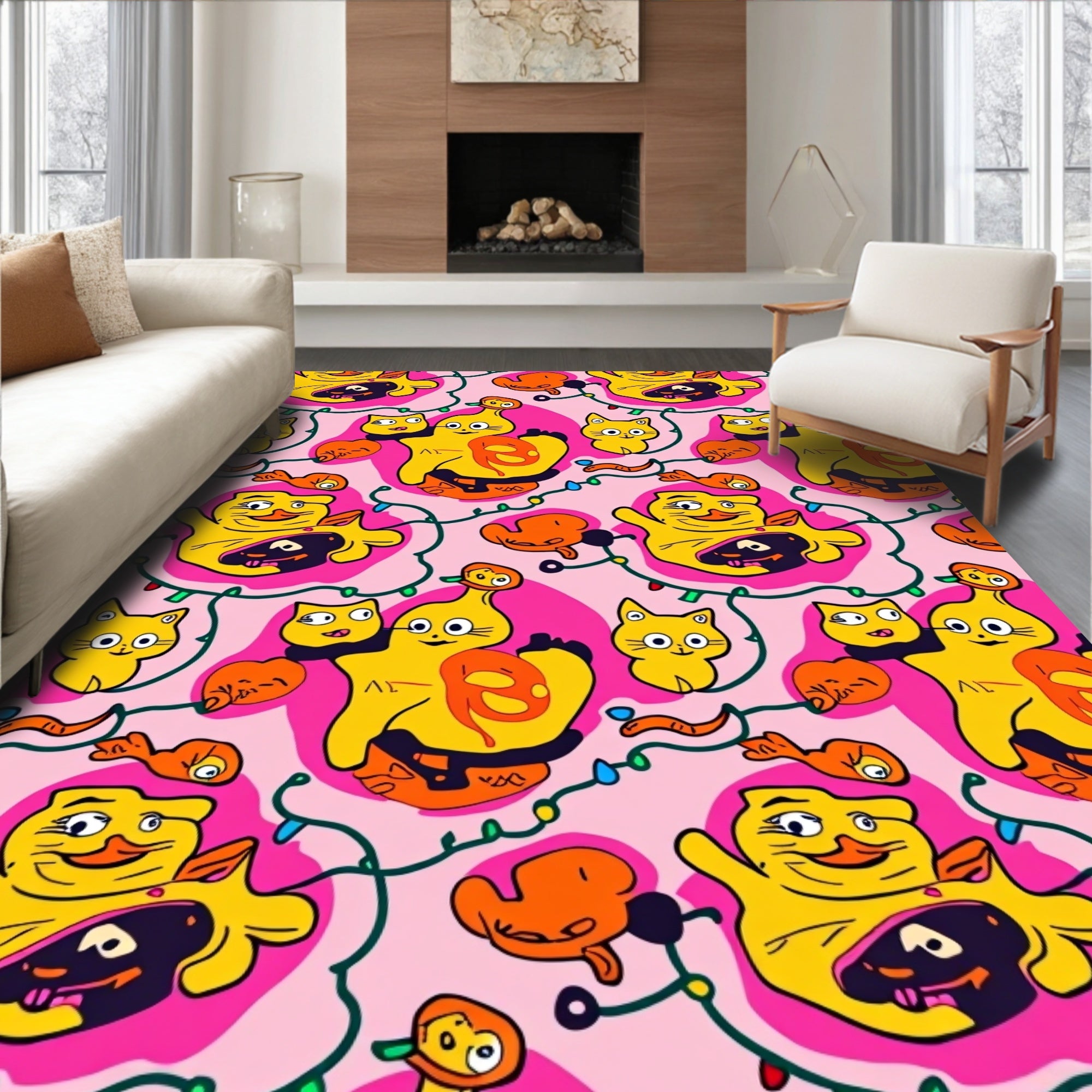 Whimsical Yellow Character And Cat Print Rug