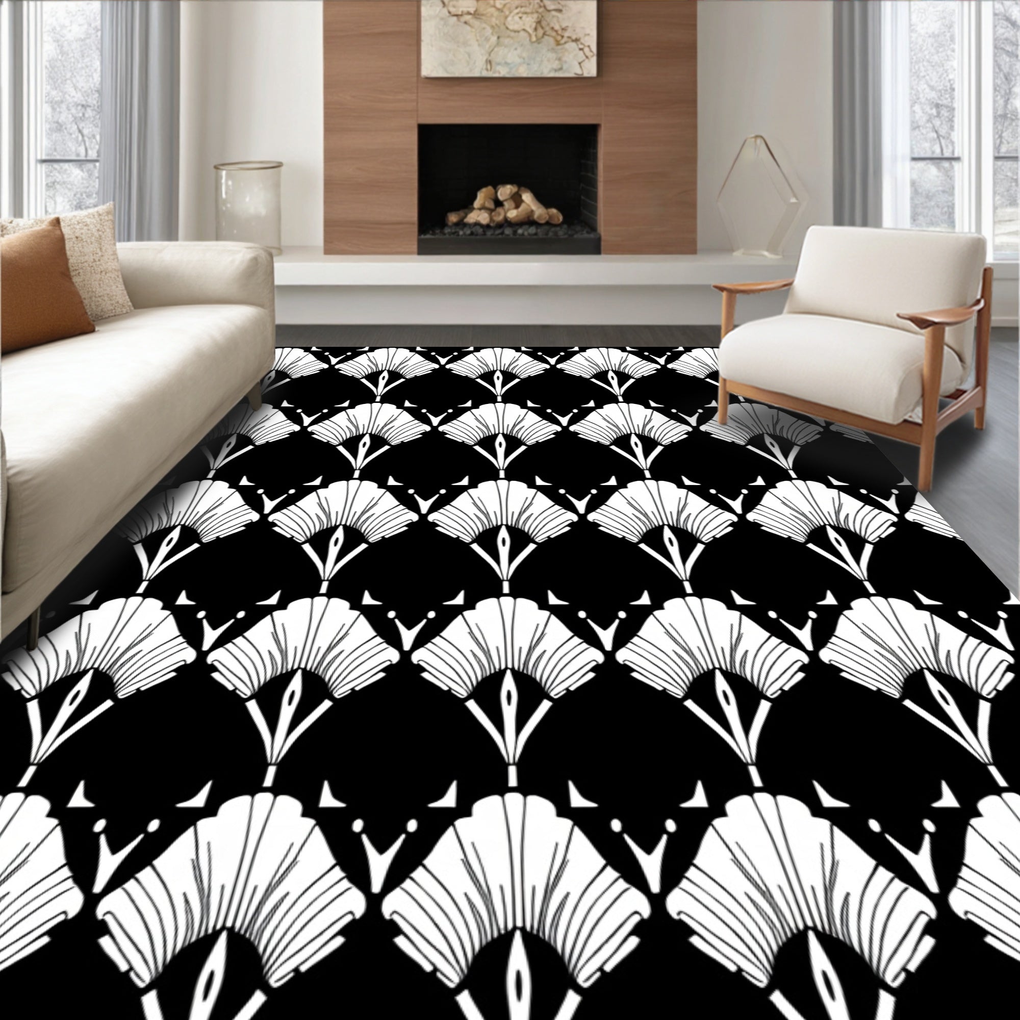 Art Deco Fan Pattern Black and White Rug