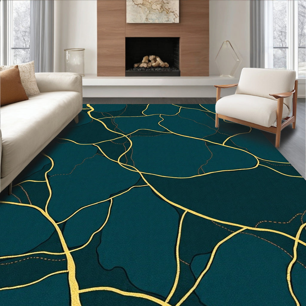 Deep Teal Gold Vein Pattern Rug