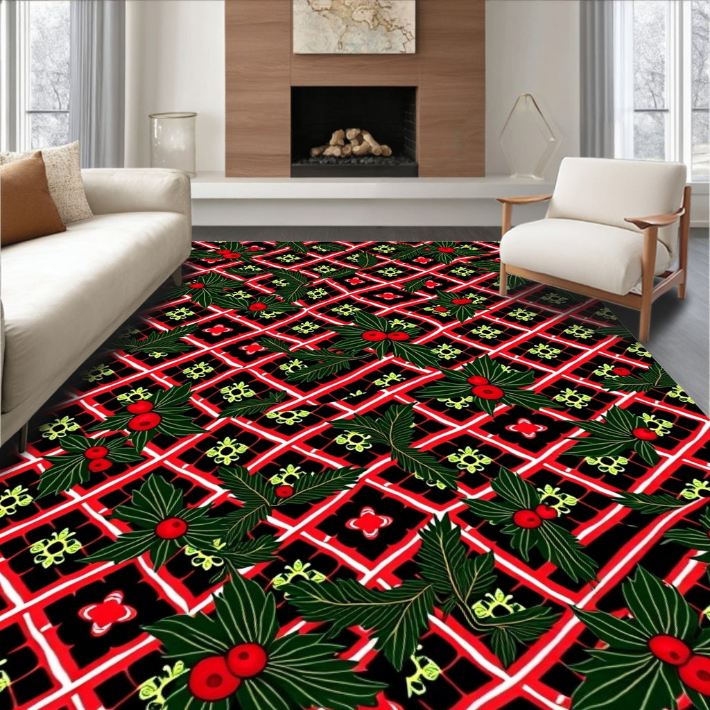 Crimson Holly Berry Lattice Background Rug