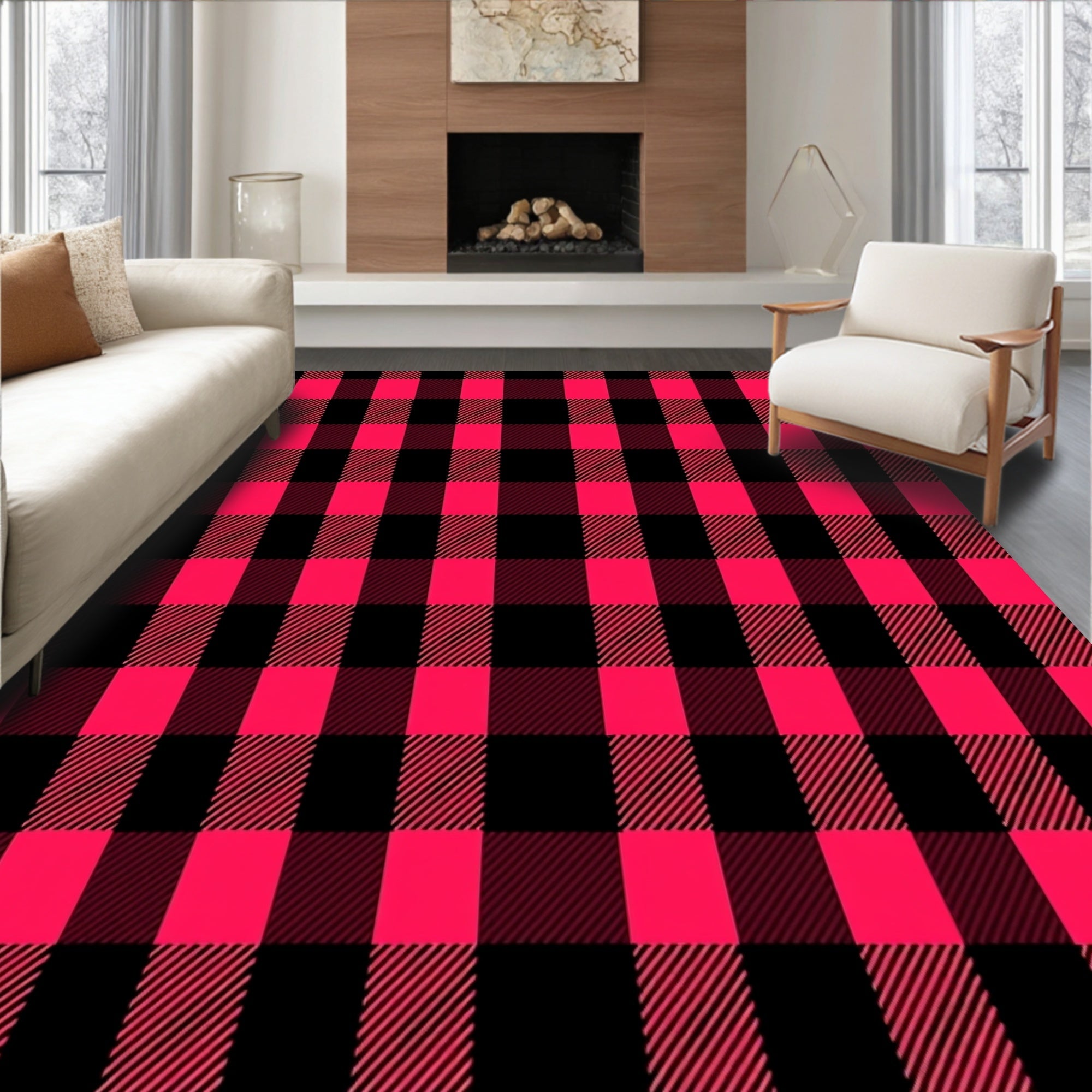 Bold Red Black Gingham Plaid Rug