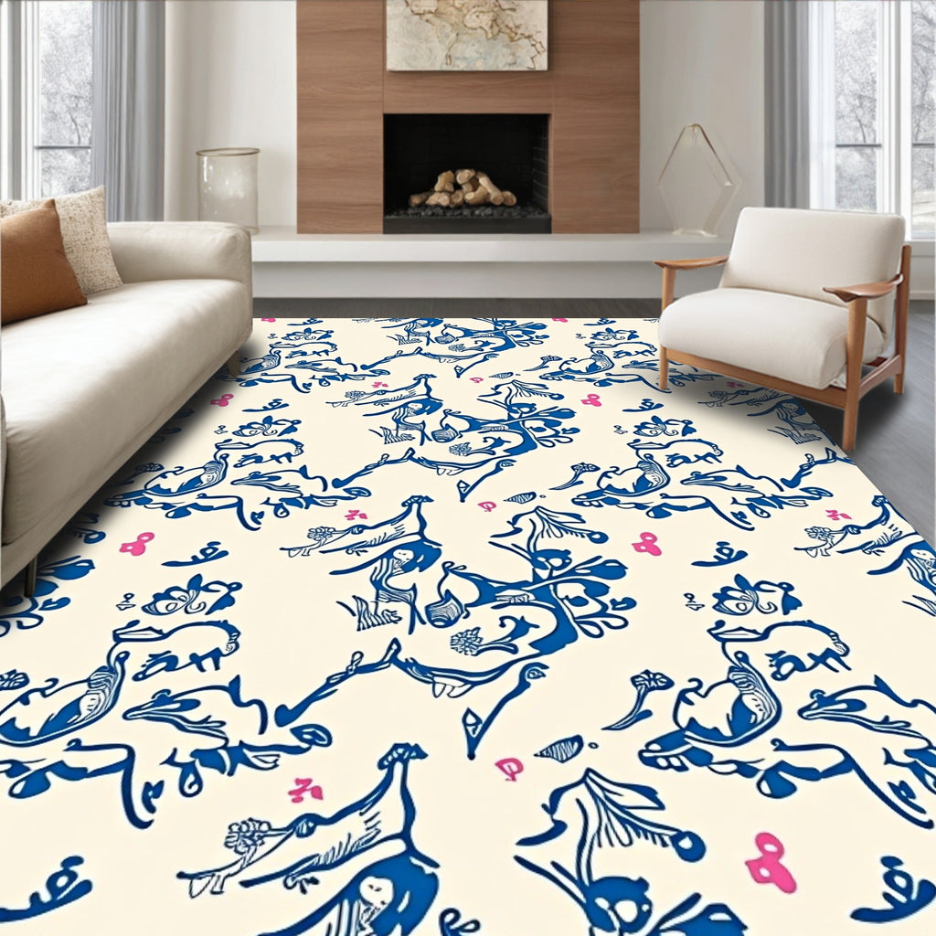 Vibrant Blue Whimsical Animal Garden Rug