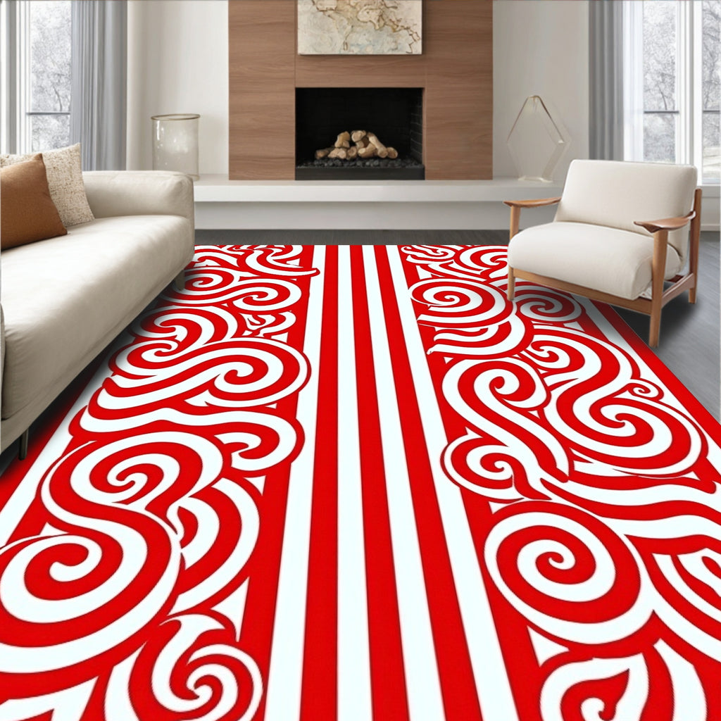 Red White Swirl Stripe Abstract Rug