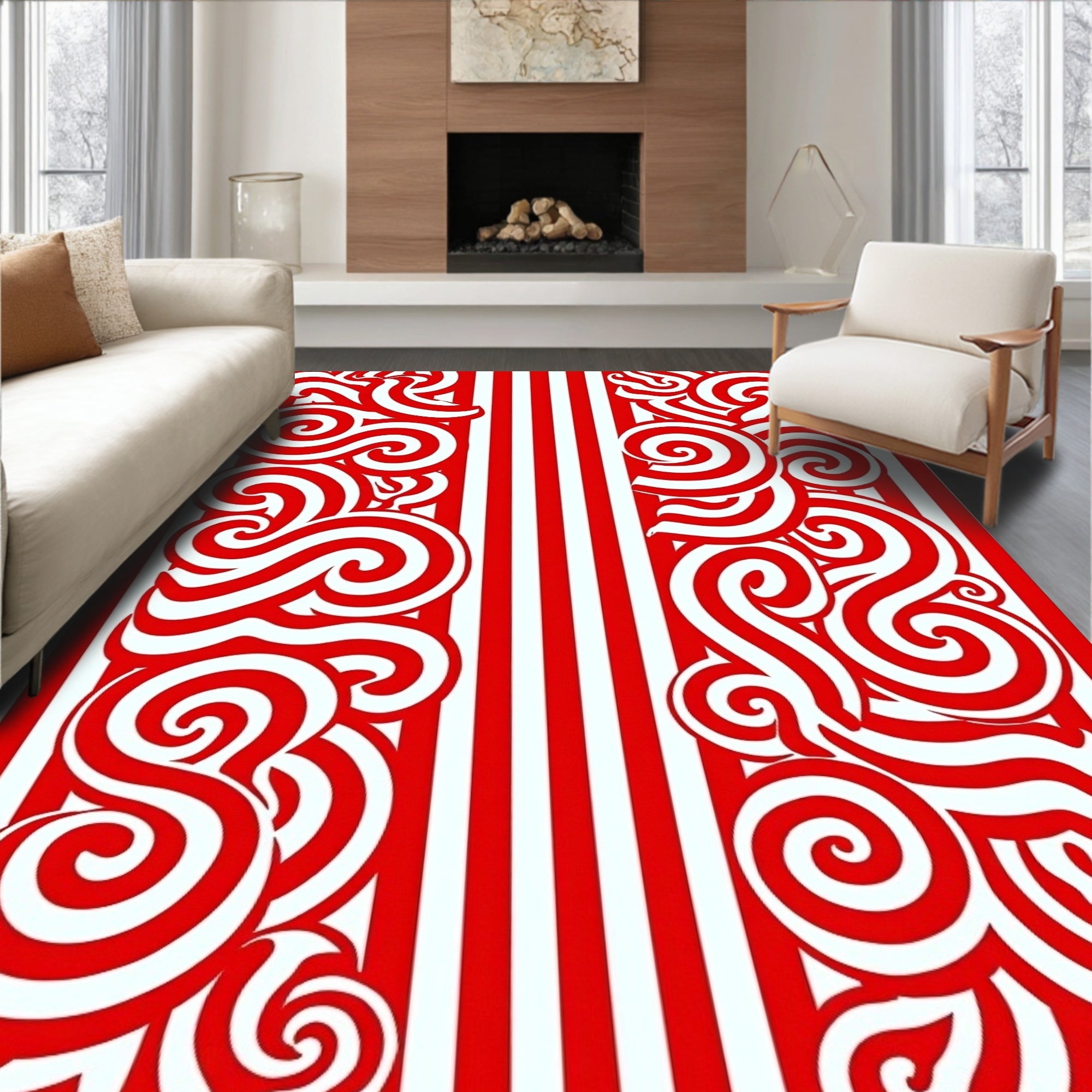 Red White Swirl Stripe Abstract Rug