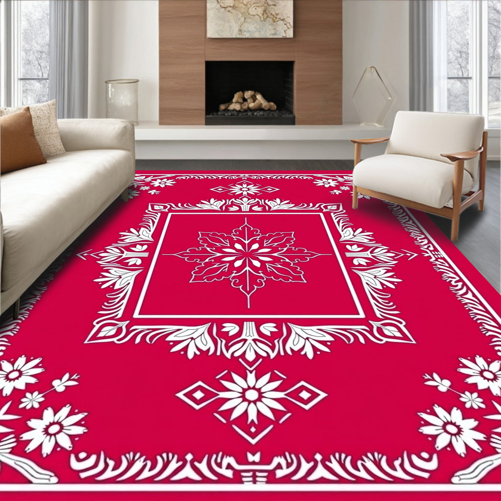 Crimson Floral Symmetry Mandala Rug