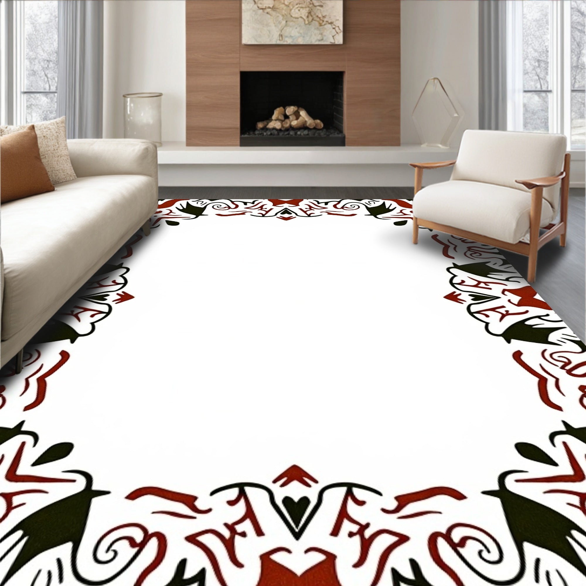 Bold Red Black Abstract Border Design Rug