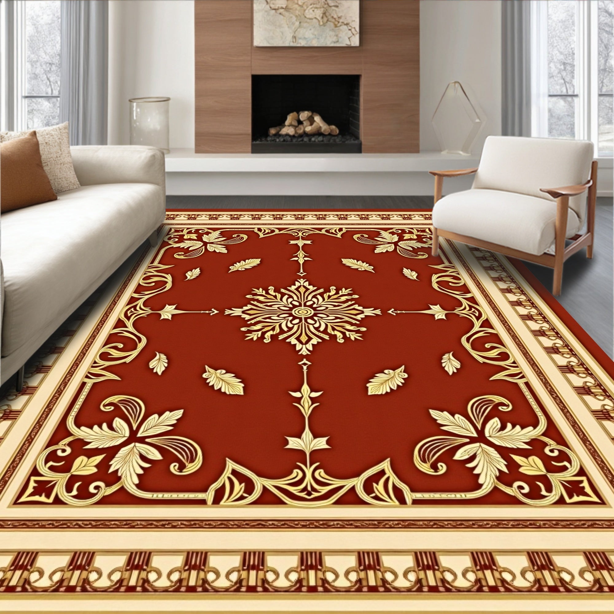 Ornate Gold on Red Floral Medallion Rug