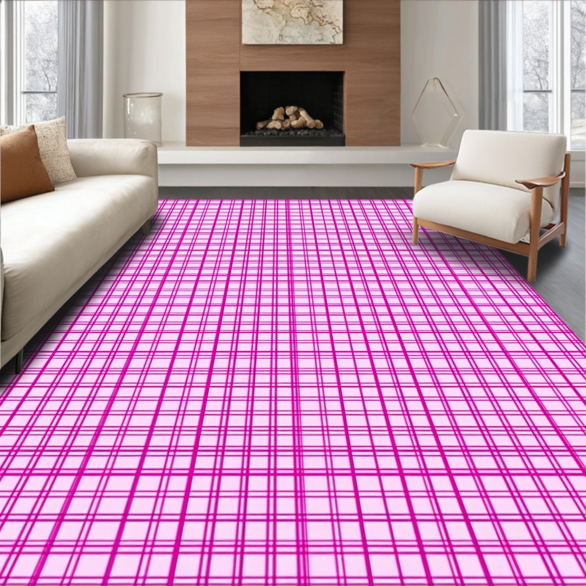 Pink Squared Grid Pattern Rug