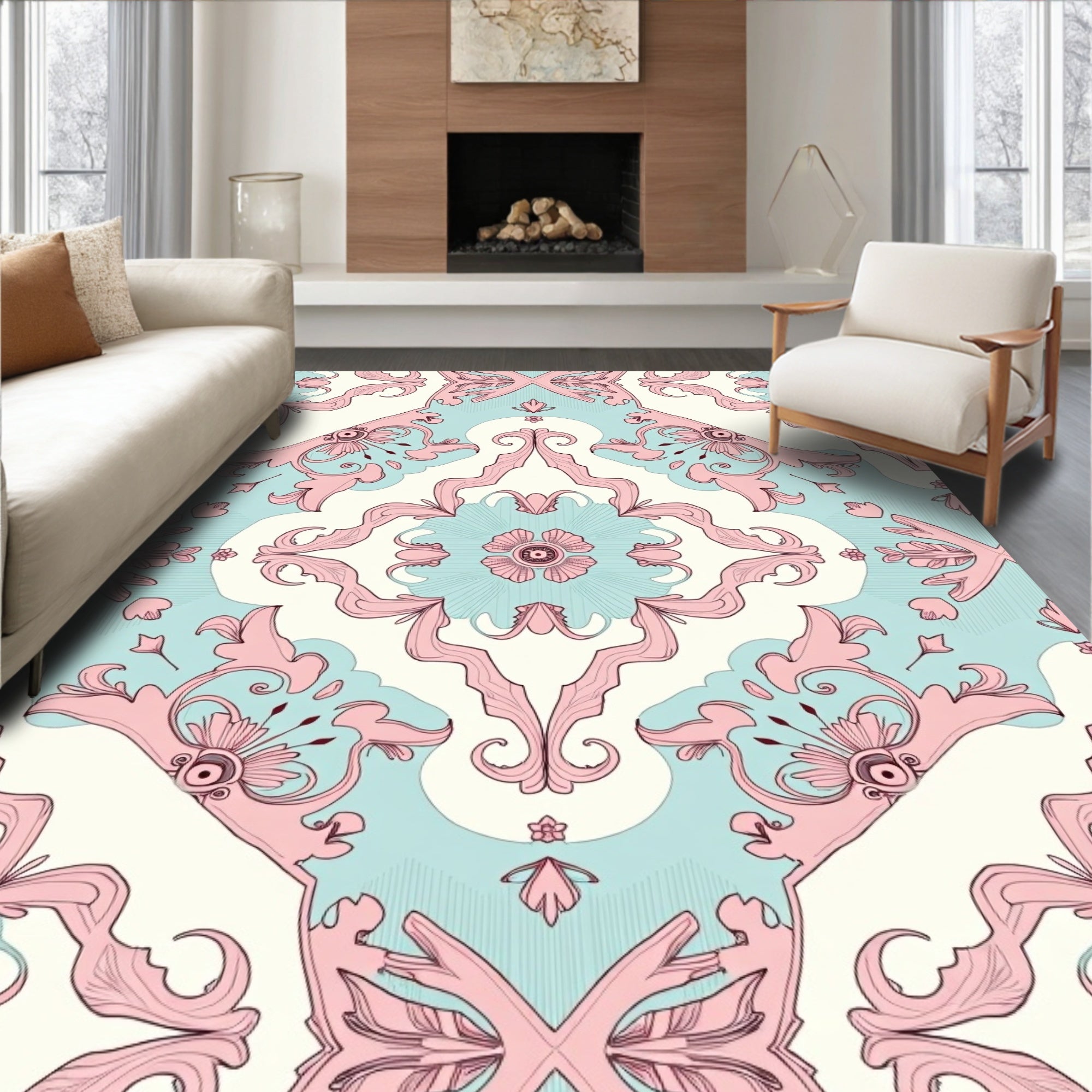 Pastel Pink Rococo Floral Scroll Rug