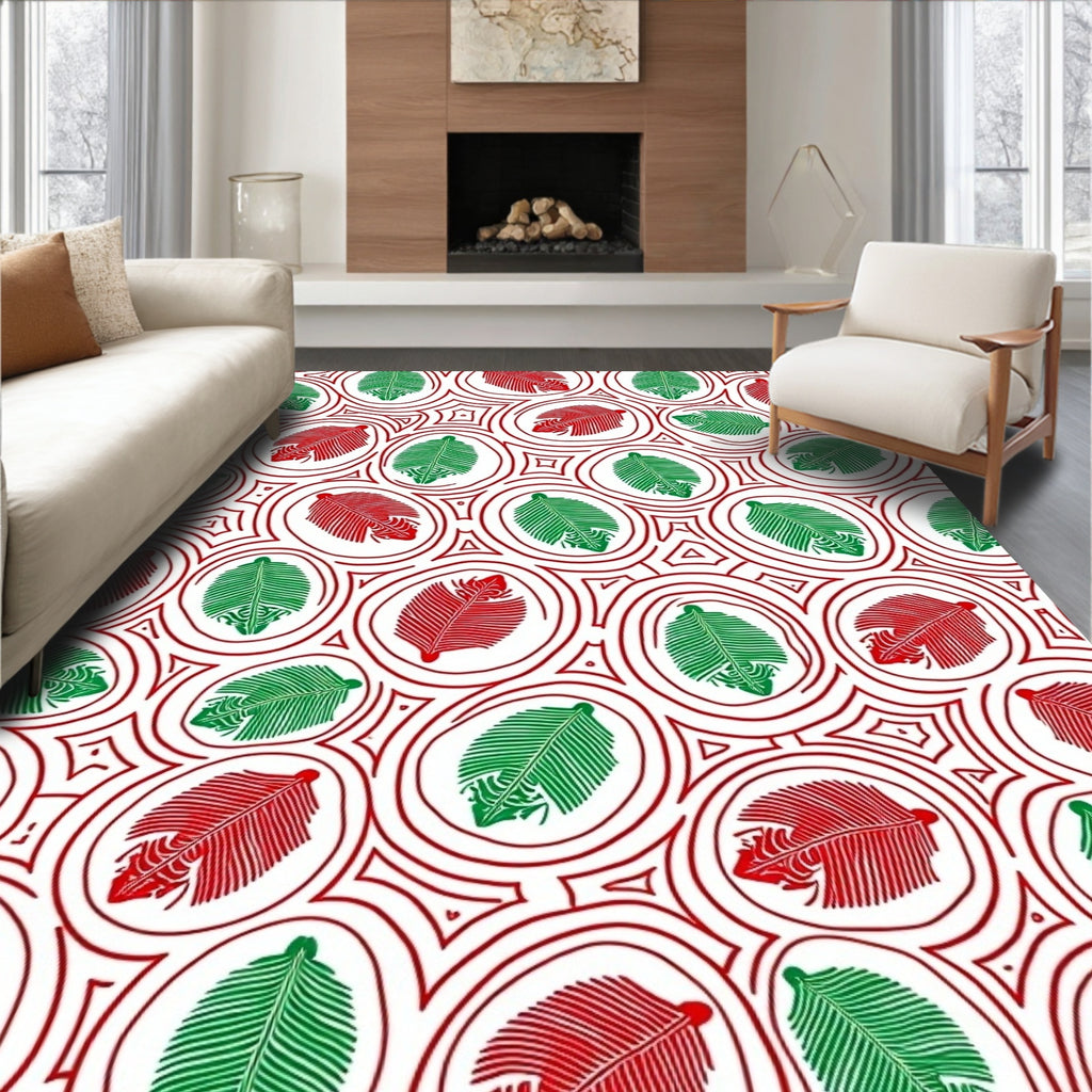 Red Green Abstract Leaf Pattern Rug