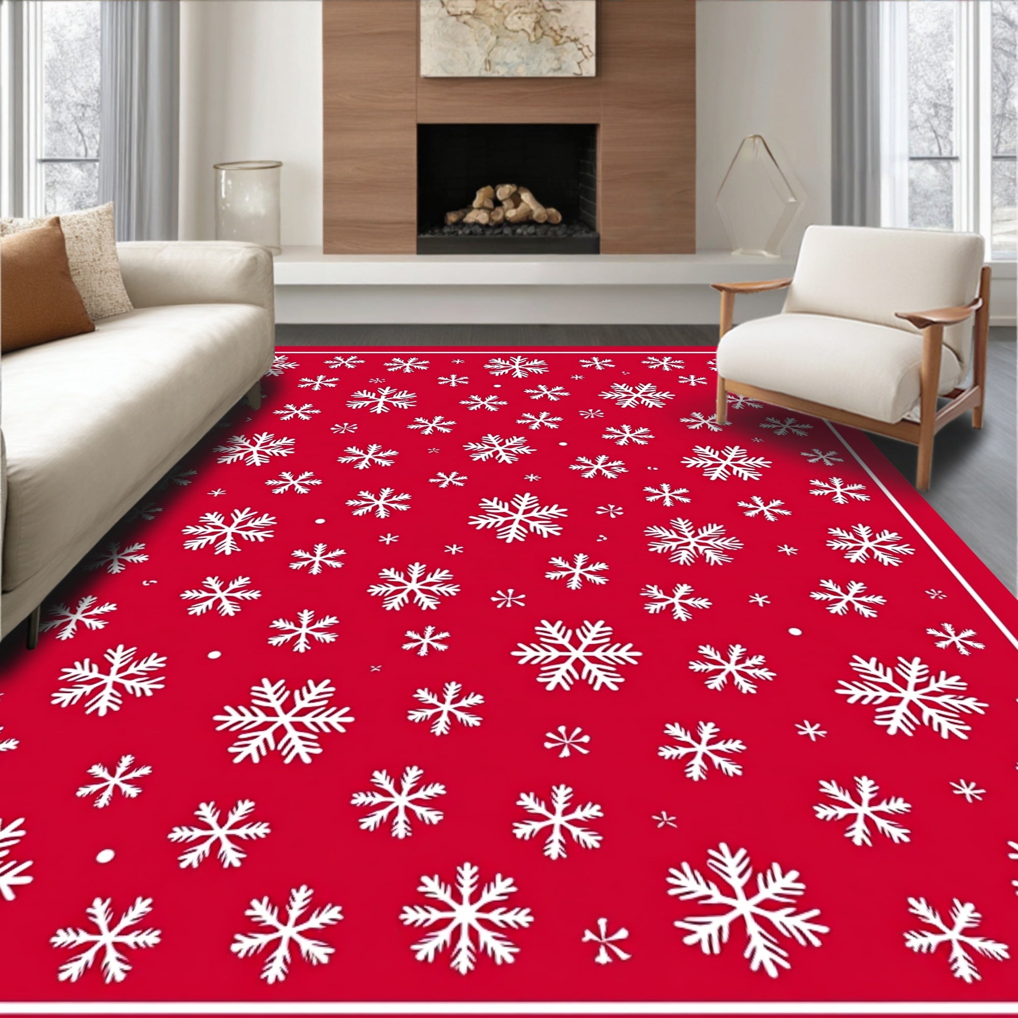 Red White Snowflake Wonderland Rug