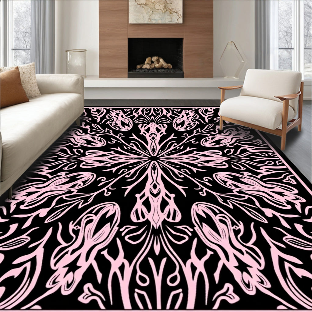 Pink And Black Floral Mandala Design Rug