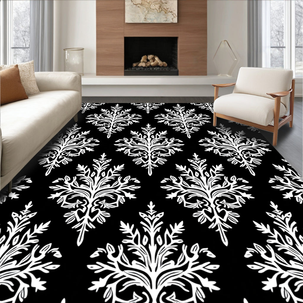 Black White Classic Floral Damask Rug