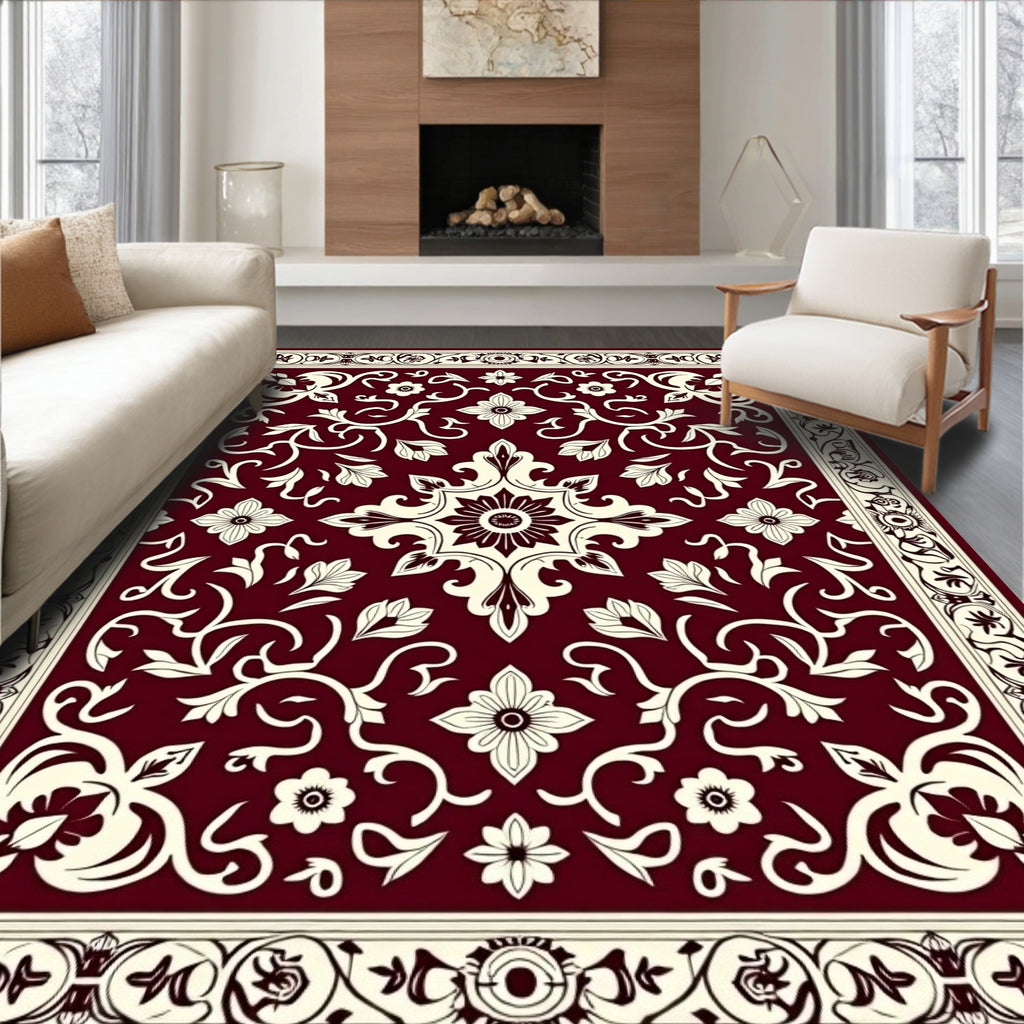 Elegant Maroon Floral Scroll Pattern Rug