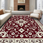 Elegant Maroon Floral Scroll Pattern Rug