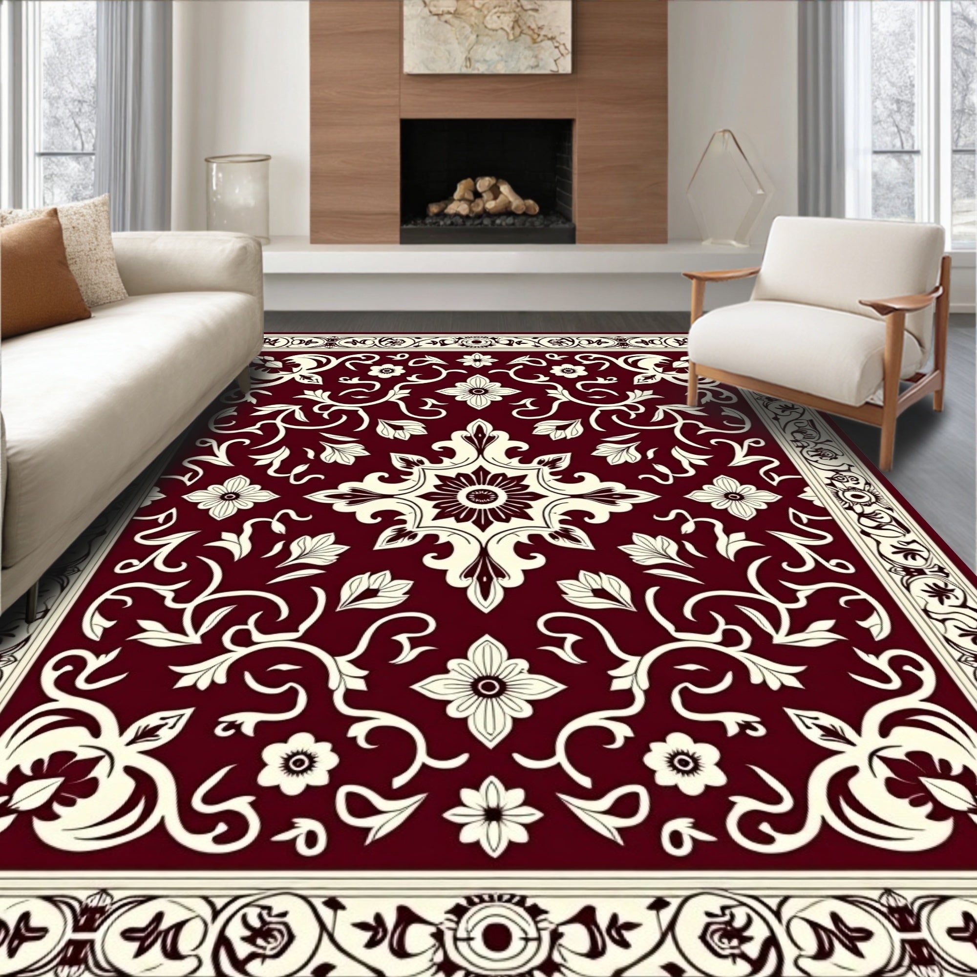 Elegant Maroon Floral Scroll Pattern Rug