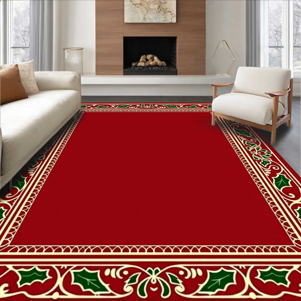 Festive Red Holly Border Design Rug