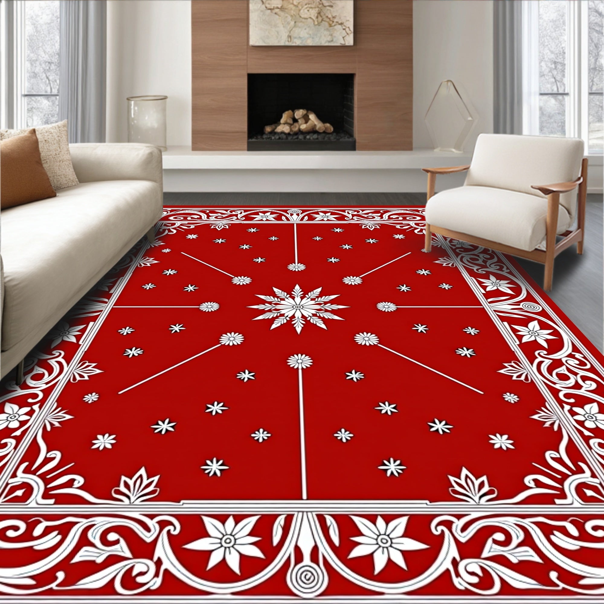 Red Floral Leaf Intricate Border Design Rug