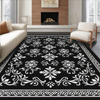 Classic Black White Floral Damask Pattern Rug