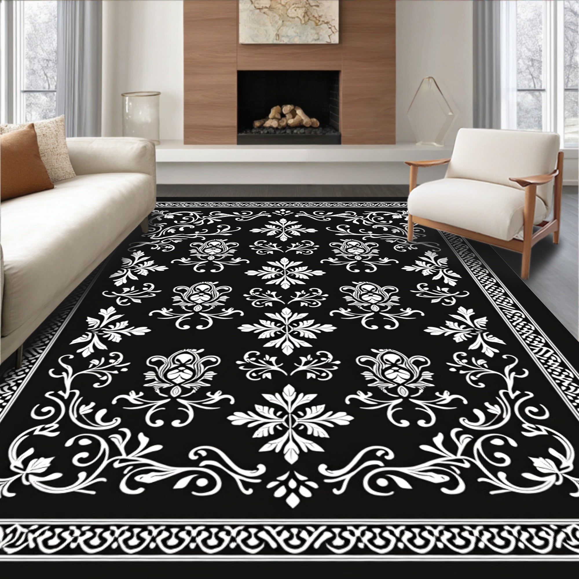 Classic Black White Floral Damask Pattern Rug