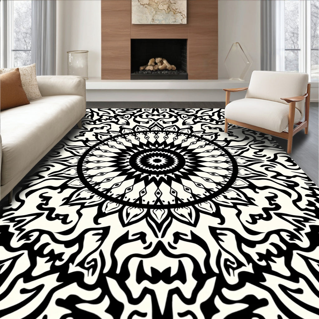 Bold Black White Mandala Pattern Rug