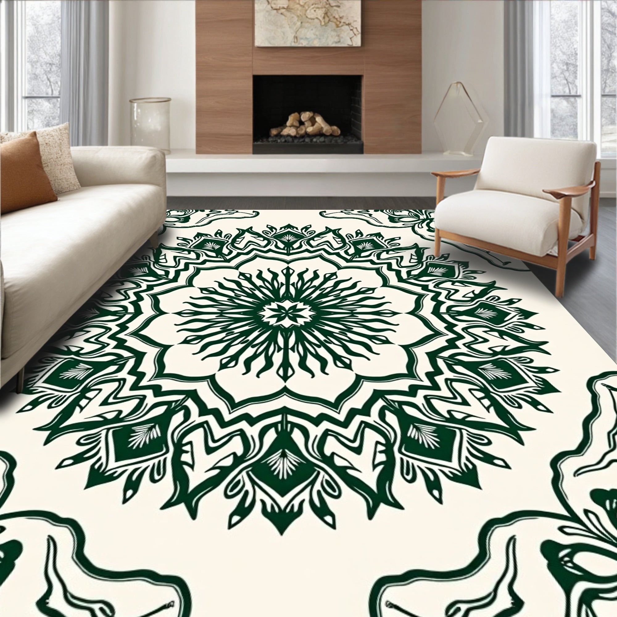 Dark Green Floral Medallion Mandala Rug