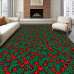Red Floral Pattern On Green Background Rug