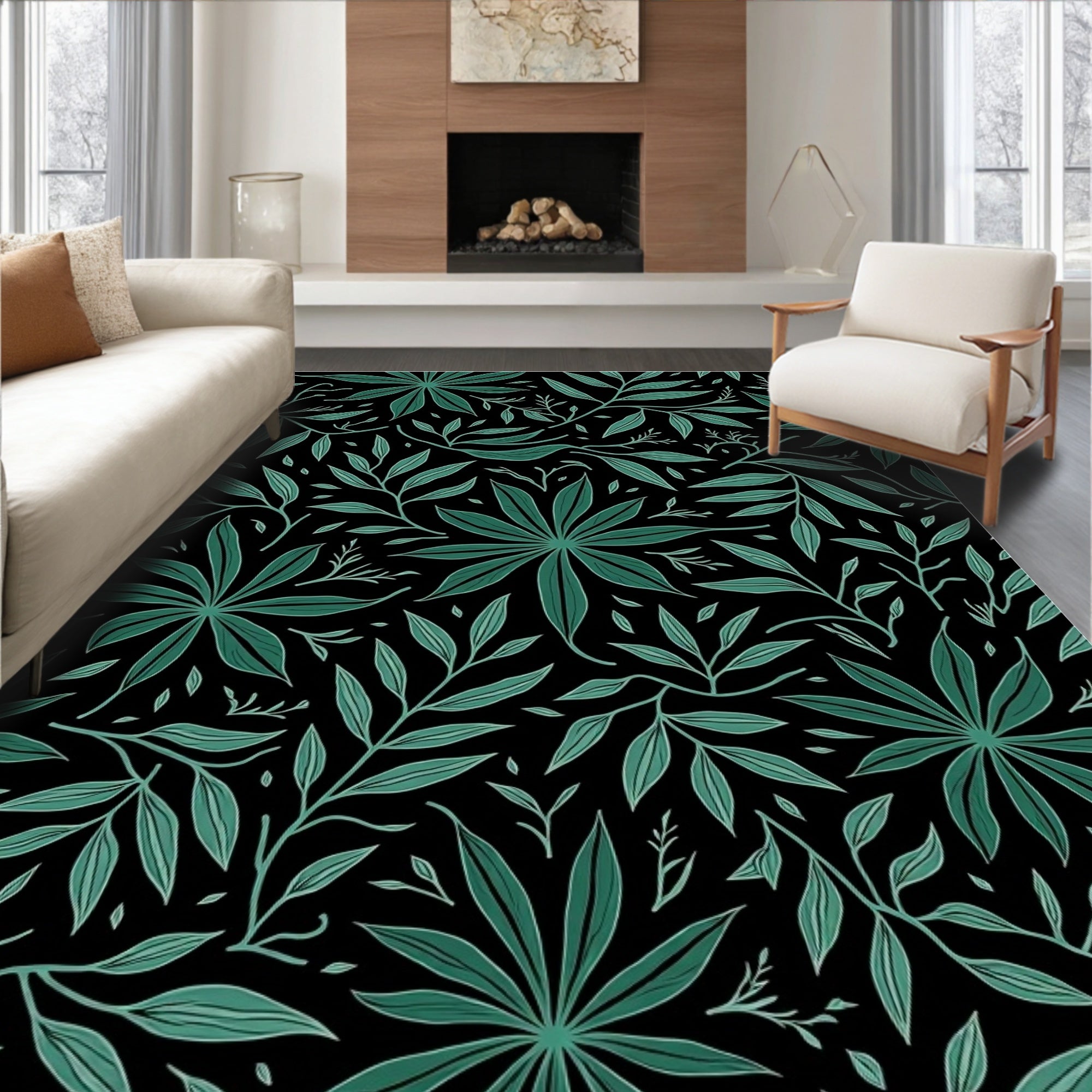 Dark Botanical Leaf Pattern Rug