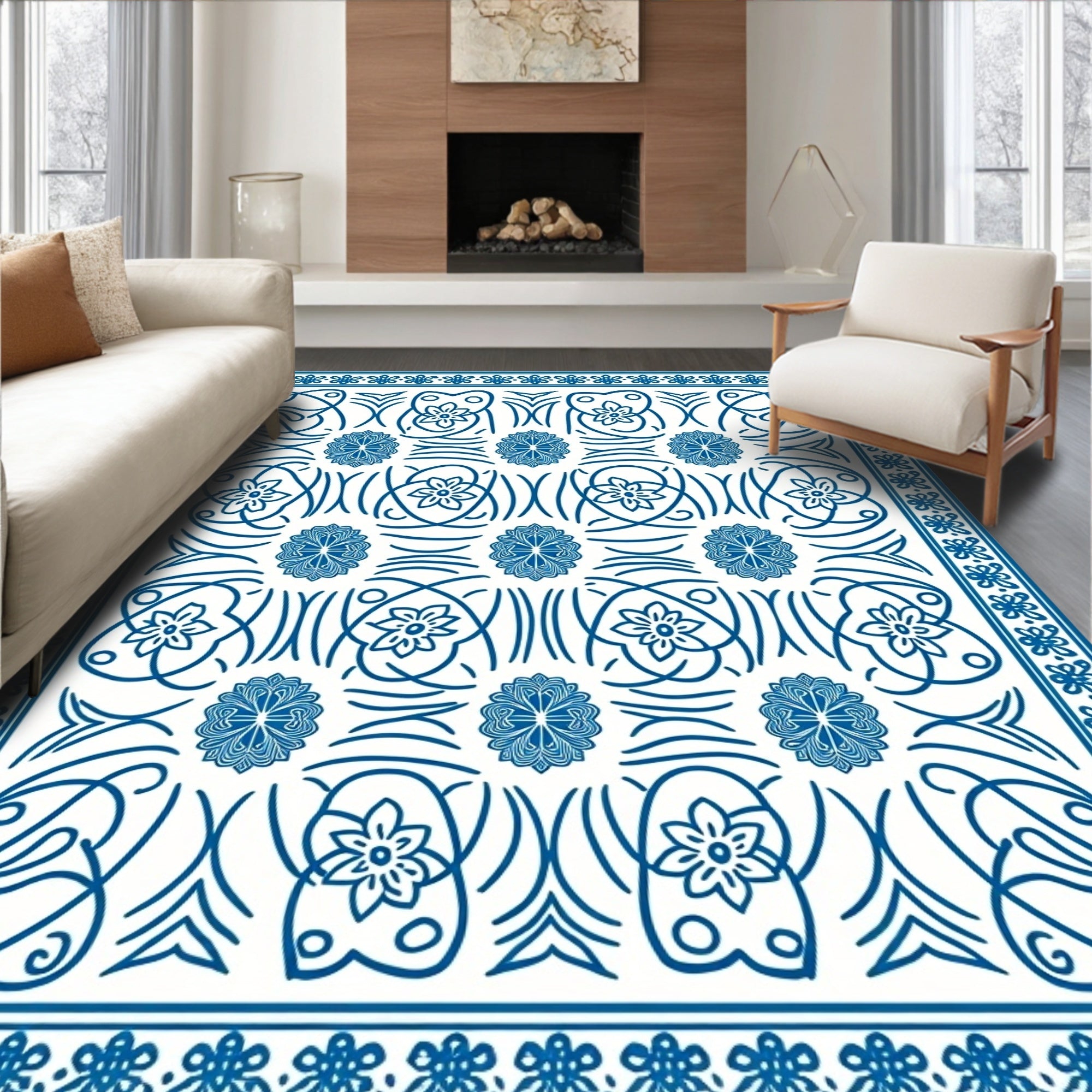 Floral Vine Patterned Blue Rug