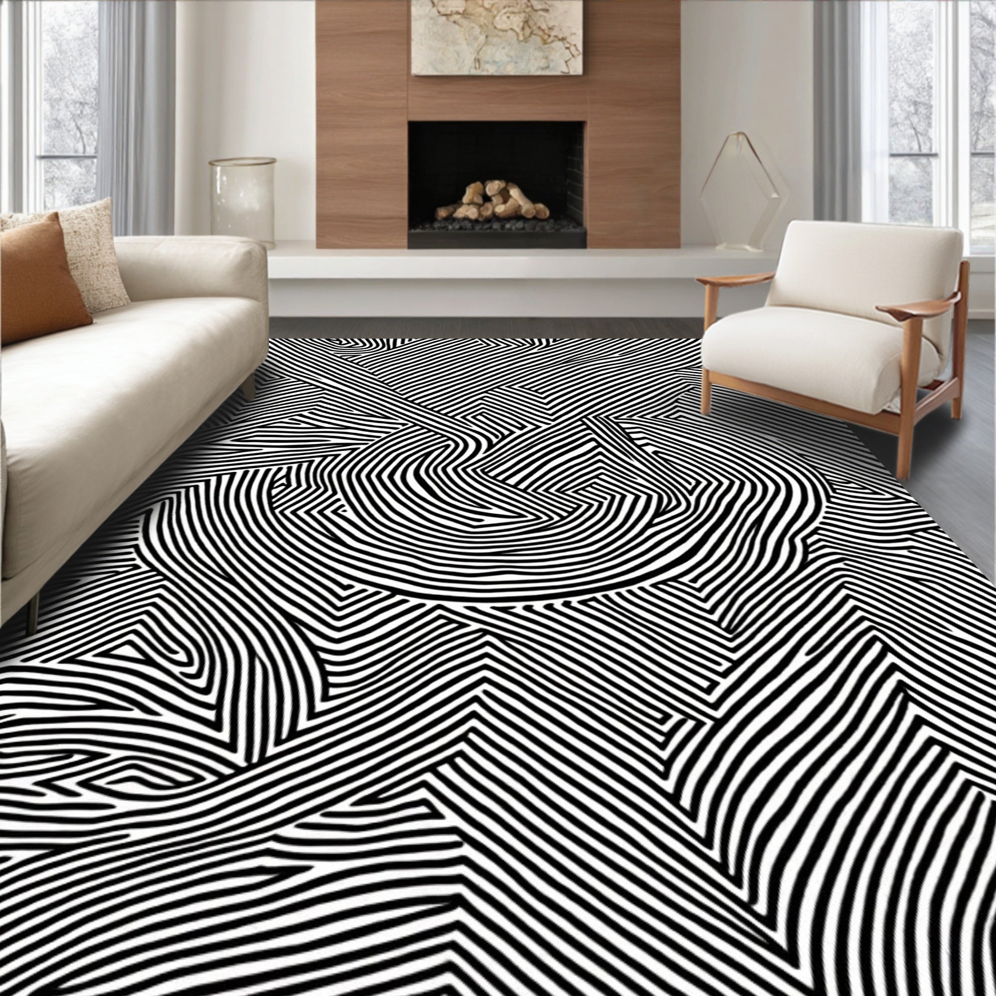 Abstract Black White Linear Pattern Rug