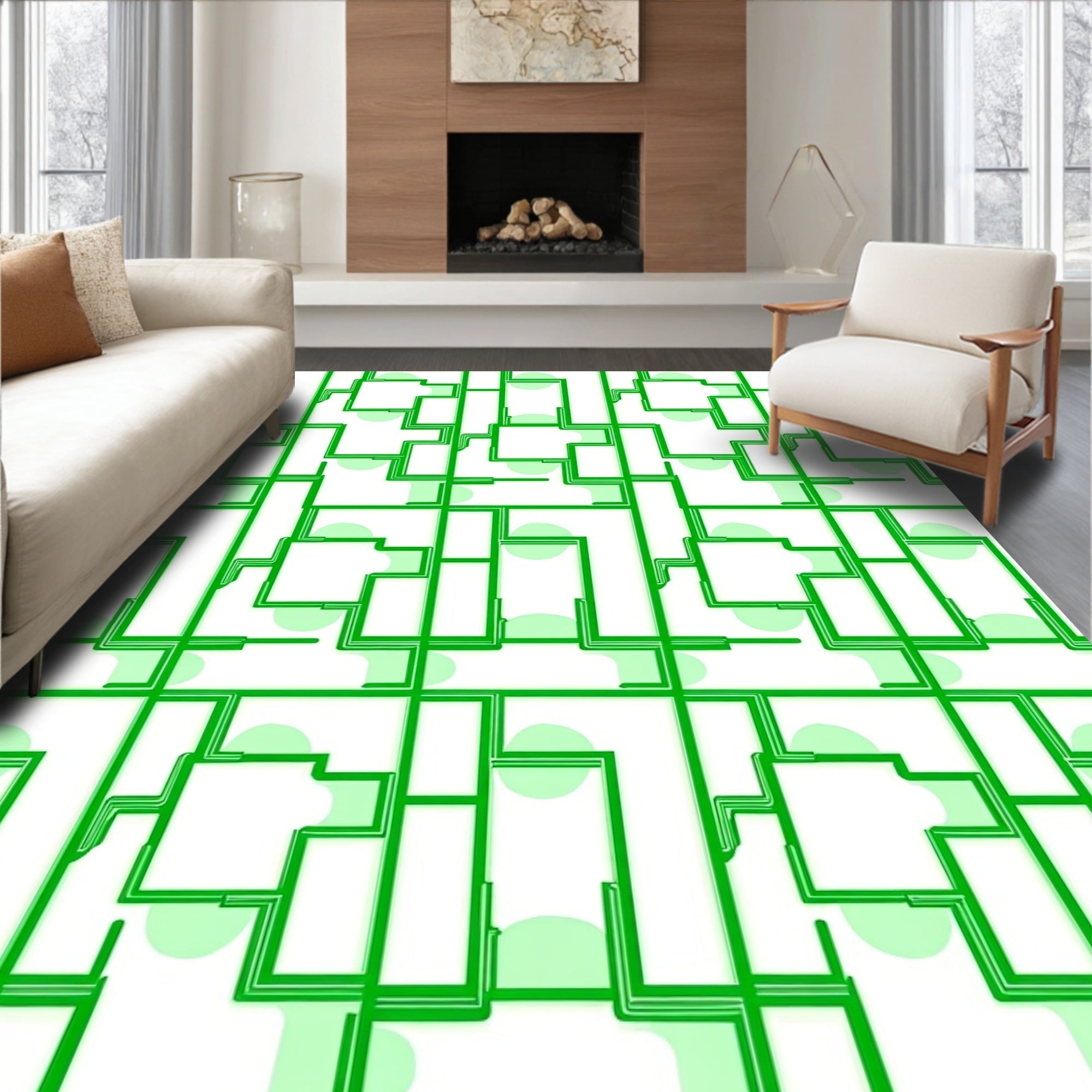 Geometric Green Lines Pattern Design Rug