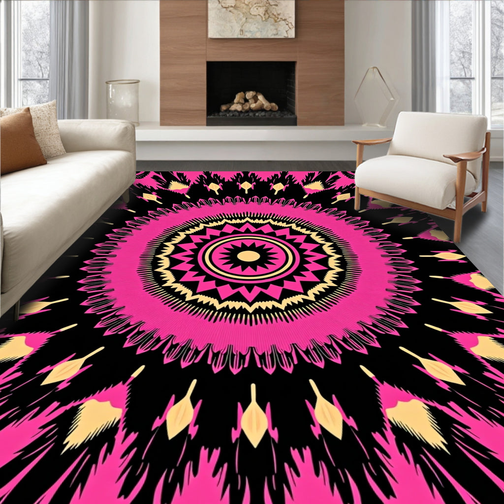 Radiant Pink Black Yellow Mandala Design Rug