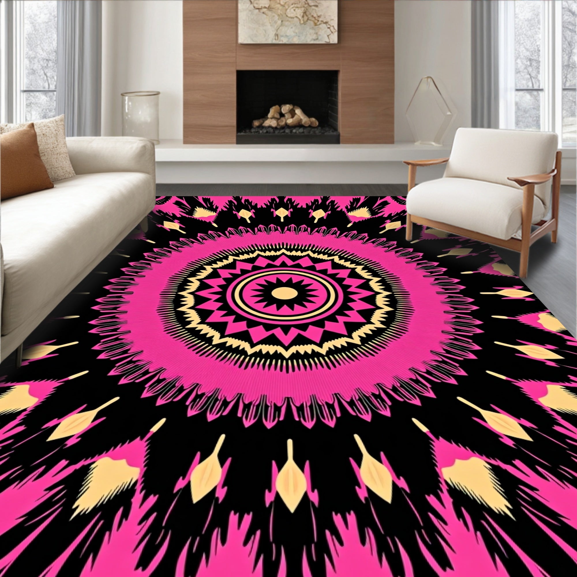 Radiant Pink Black Yellow Mandala Design Rug