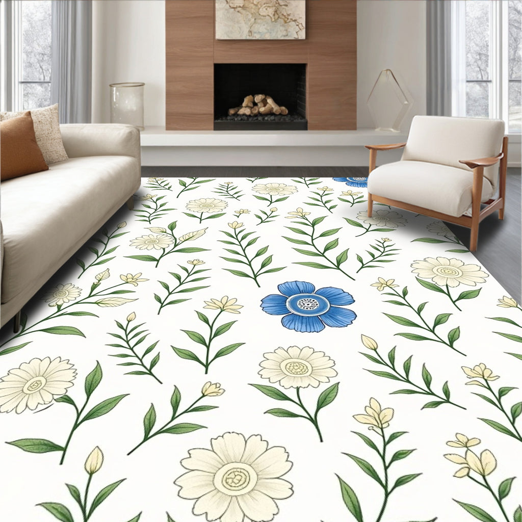 Delicate Blue Cream Floral Sprig Pattern Rug