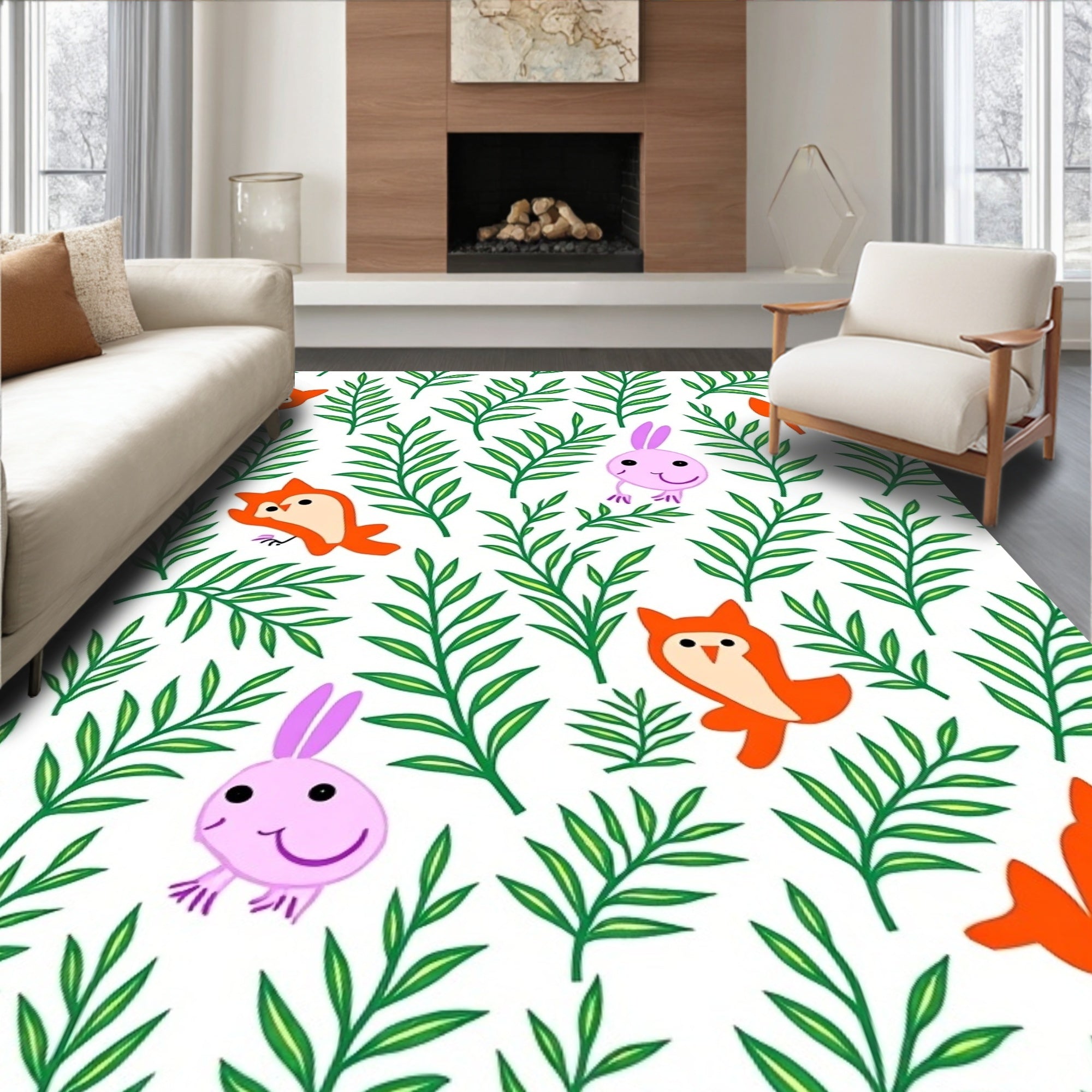 Whimsical Woodland Creatures Botanical Pattern Rug