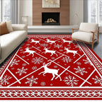 Red White Reindeer Snowflakes Pattern Rug