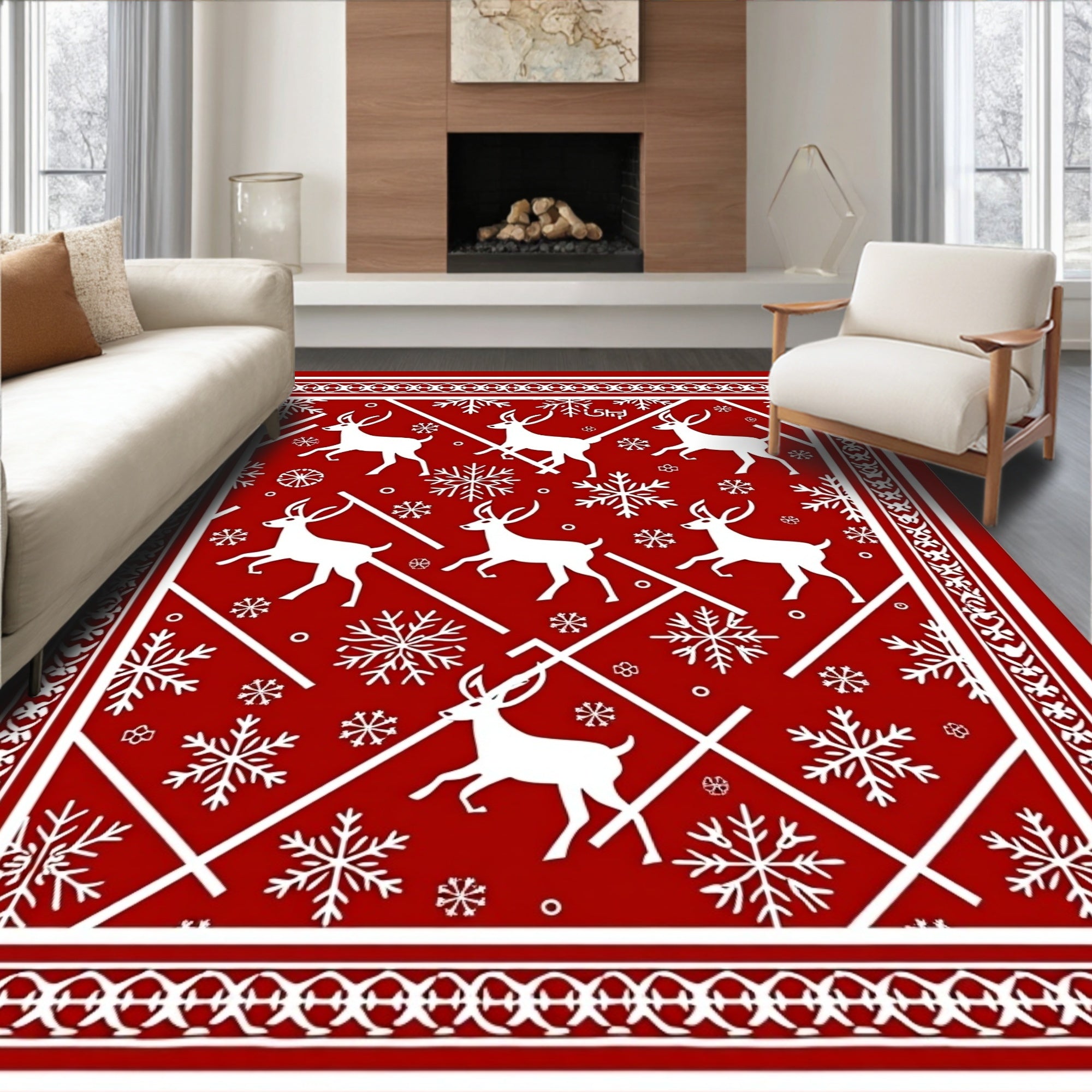 Red White Reindeer Snowflakes Pattern Rug