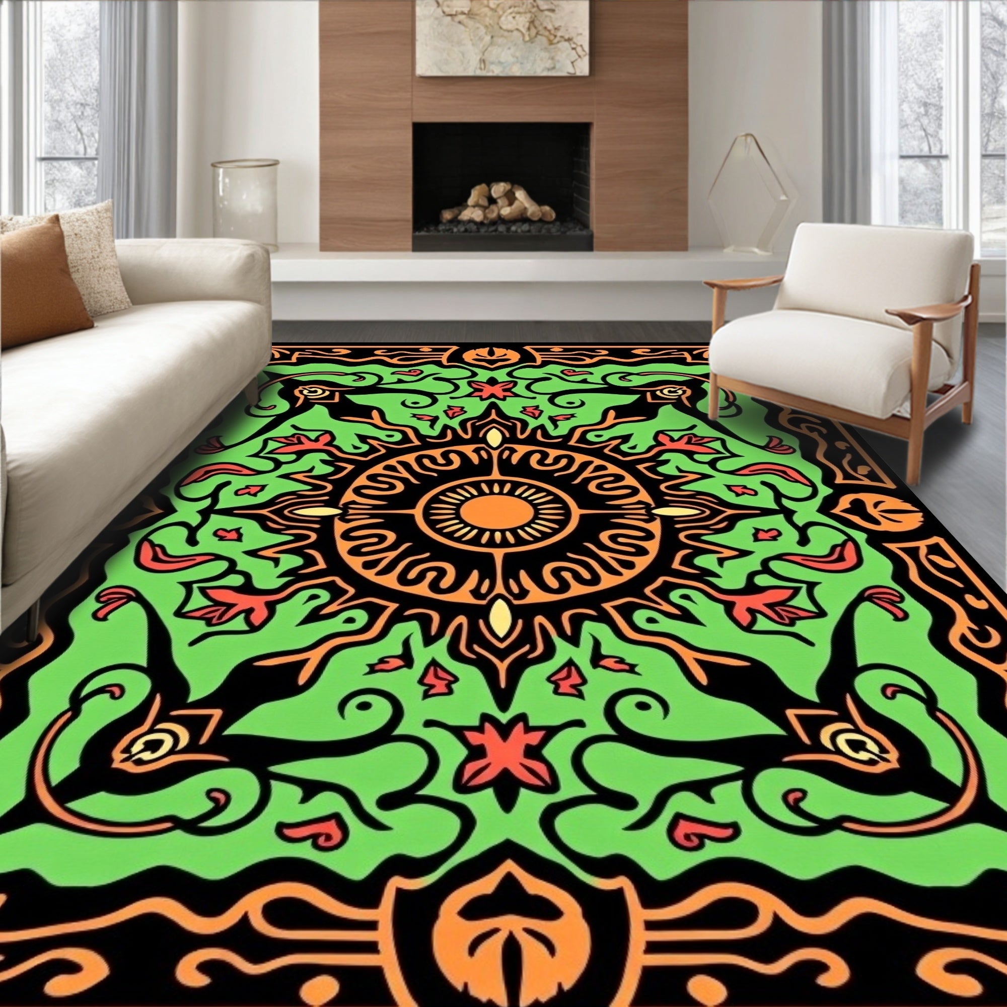 Green Orange Black Floral Sun Pattern Rug