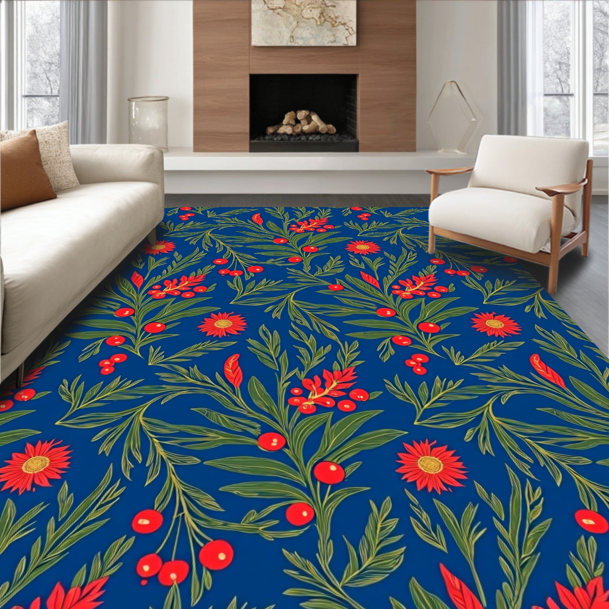 Vibrant Cobalt Red Floral Botanical Rug