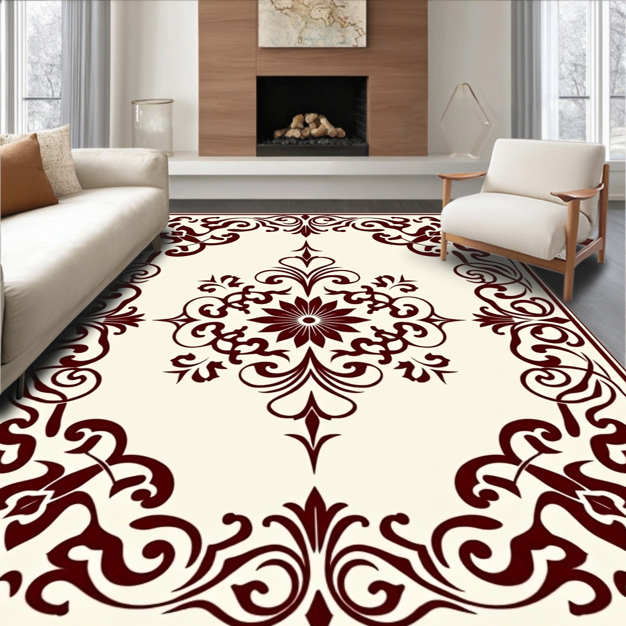 Ornate Maroon Swirls Floral Medallion Rug
