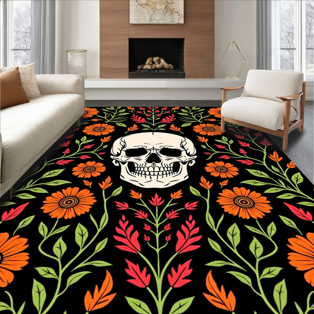 Floral Skull Patterned Dark Rug