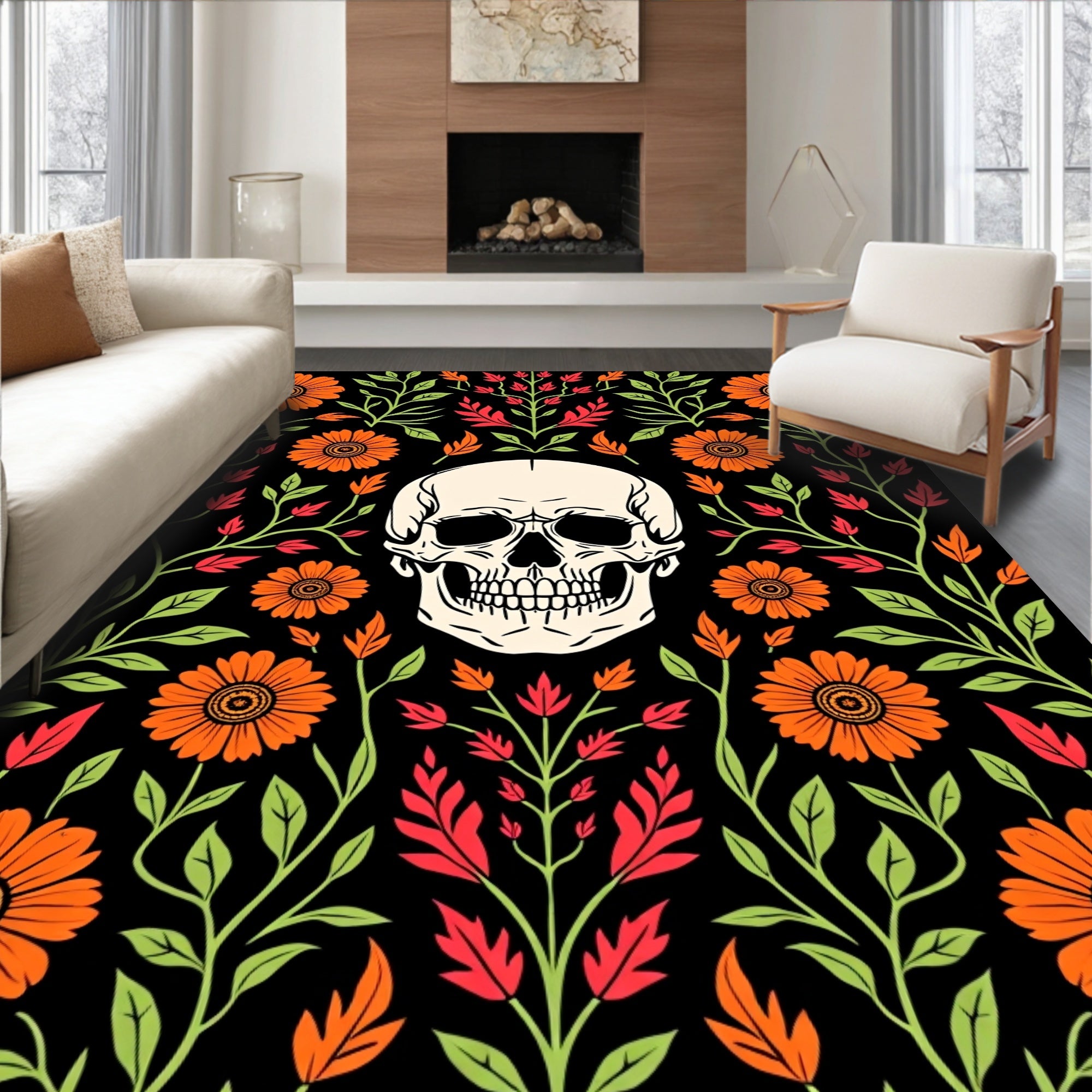 Floral Skull Patterned Dark Rug