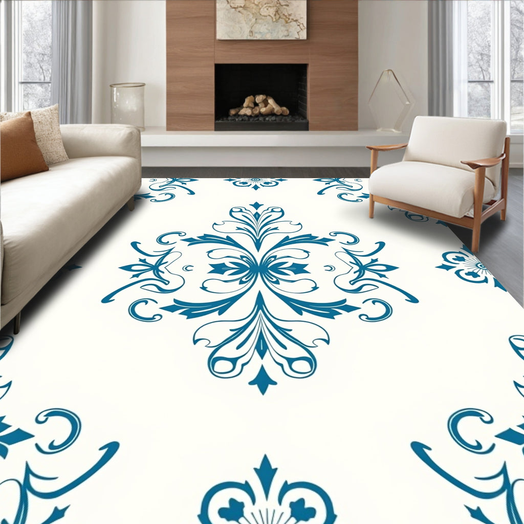 Classic Teal Floral Scrollwork Pattern Rug
