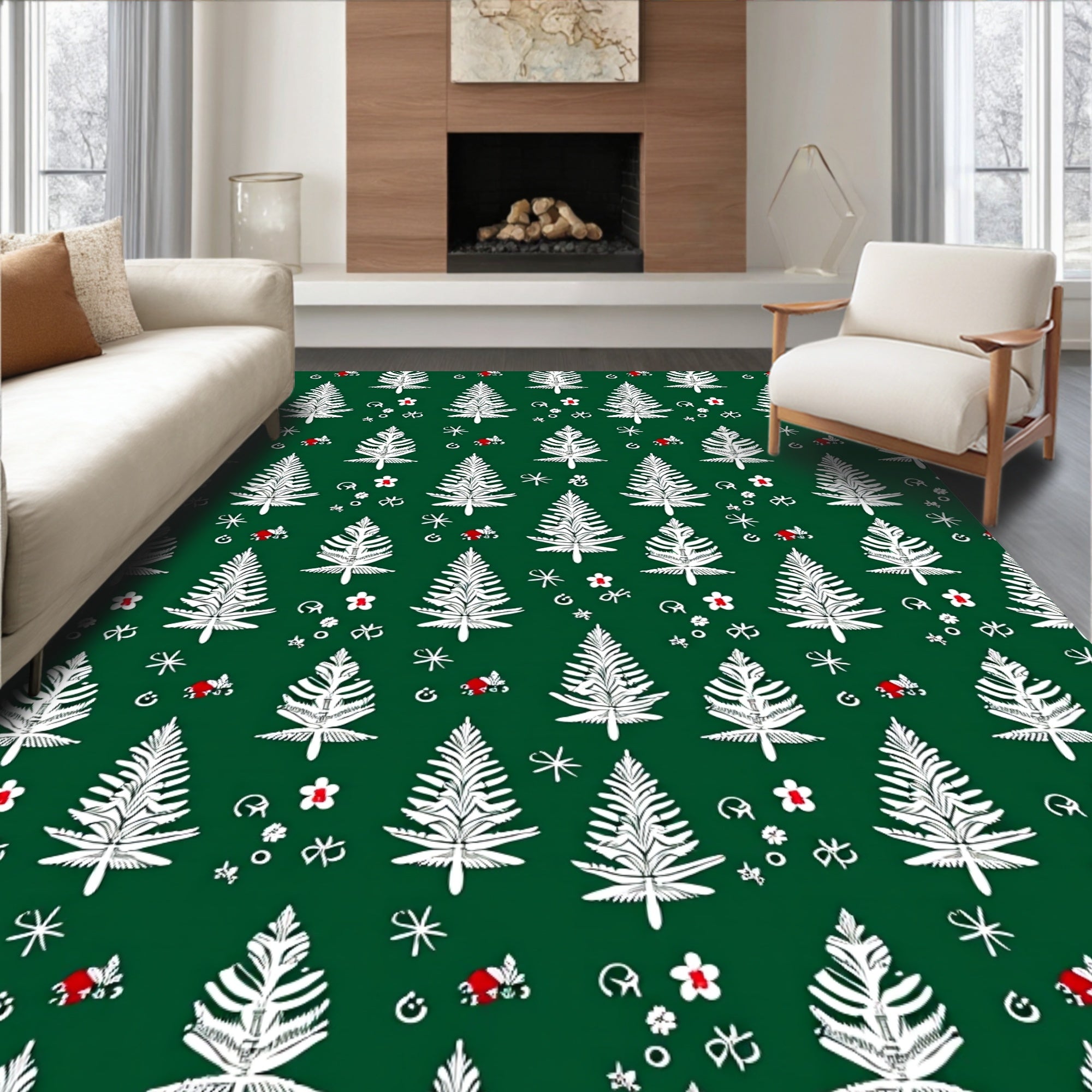 White Evergreen Forest Pattern Rug